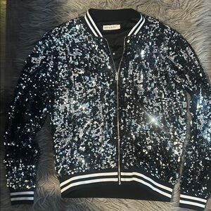 Sequin Bomber Jacket in Black and Silver